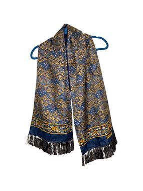 Vintage Liberty Silk Floral Scarf Wool Navy Blue Reverse Brown Botanical Fringes